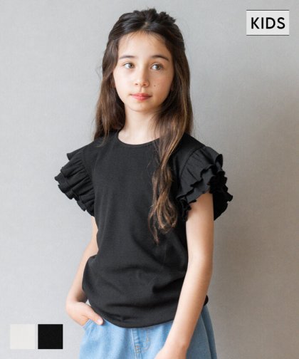 キッズ 120-150 Tシャツ 肩フリル カットソー クルーネック カジュアル 無地 女の子 キッズオリジナル 子供服 メール便可 coca コカ