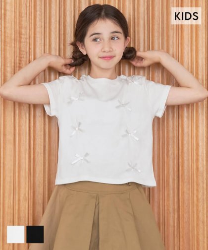 キッズ 120-150 Tシャツ カットソー リボン 短丈 半袖 コットン100 薄手 クルーネック 伸縮性 女の子 親子お揃い 子供服 メール便可